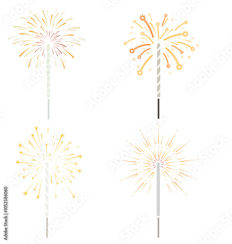 Set of vector bright colored stickers with sparklers - stylish and universal solution for festive design! These illustrations, isolated on a white background, give a bright and festive accent.