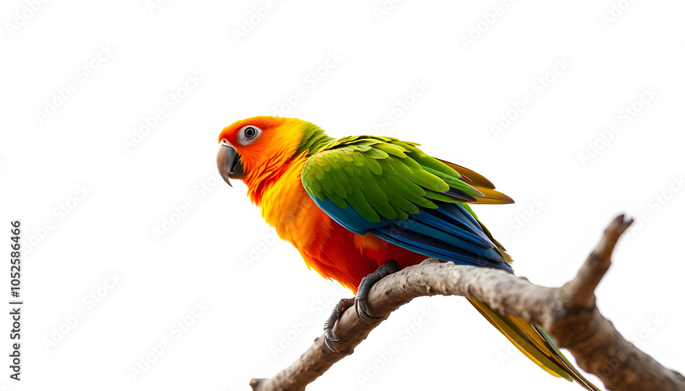 Obraz premium Bright parrot on tree branch against white background. Exotic pet isolated with white highlights, png