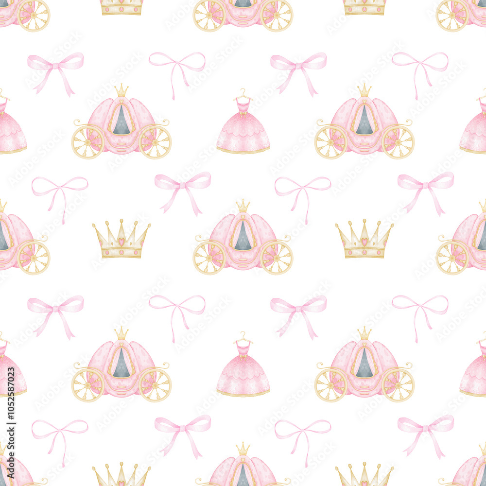 carriage, golden crown, pink dress, bows. Watercolor seamless pattern on white background in pastel colors for textiles and wrapping paper. Cute illustration for little princesses carriage, golden crown, pink dress, bows. Watercolor seamless pattern on white background in pastel colors for textiles and wrapping paper. Cute illustration for little princesses