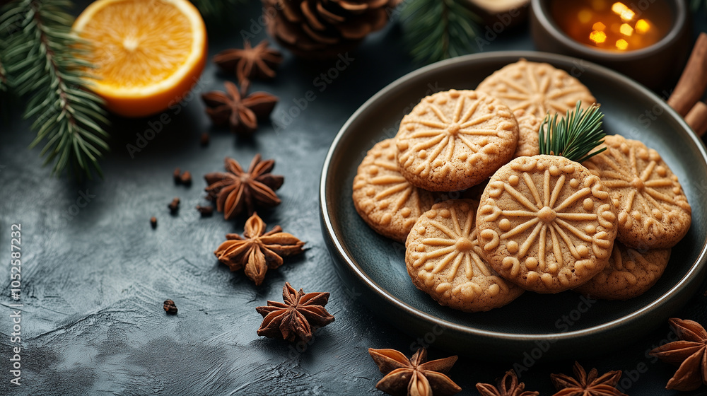 Ginger snap cookies with autumn spices, on a cozy background. Ginger snap cookies with autumn spices, on a cozy background.