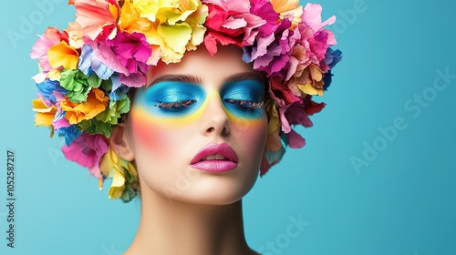 A vibrant portrait of a model with colorful floral headpiece and bold makeup, set against a bright blue background.