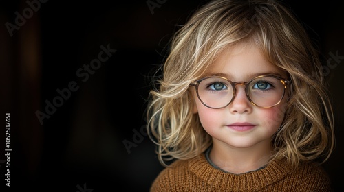 Young child with glasses poses thoughtfully indoors in soft natural light during a quiet afternoon