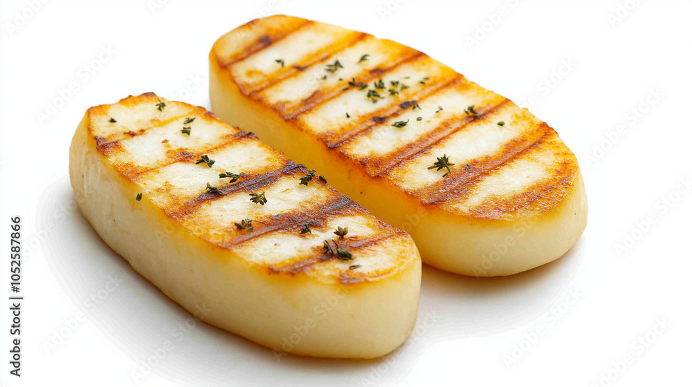 Close-up of two grilled slices of halloumi cheese on white background, Halloumi cheese with grill marks, Healthy food, healthy eating, World Vegetarian Day Close-up of two grilled slices of halloumi cheese on white background, Halloumi cheese with grill marks, Healthy food, healthy eating, World Vegetarian Day