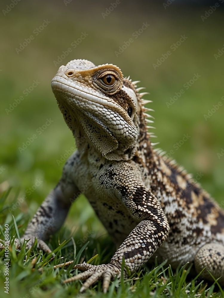 Fototapeta premium Lizard basking on green grass.