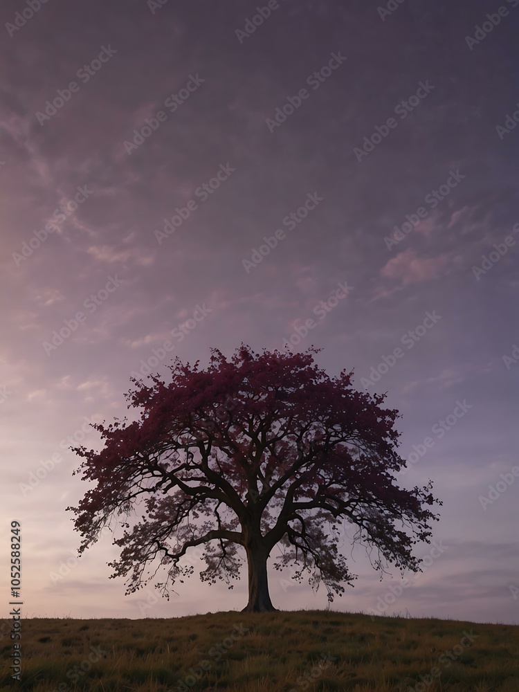 Obraz premium Lonely tree in autumn, violet hue, with aesthetic appeal and copy space.