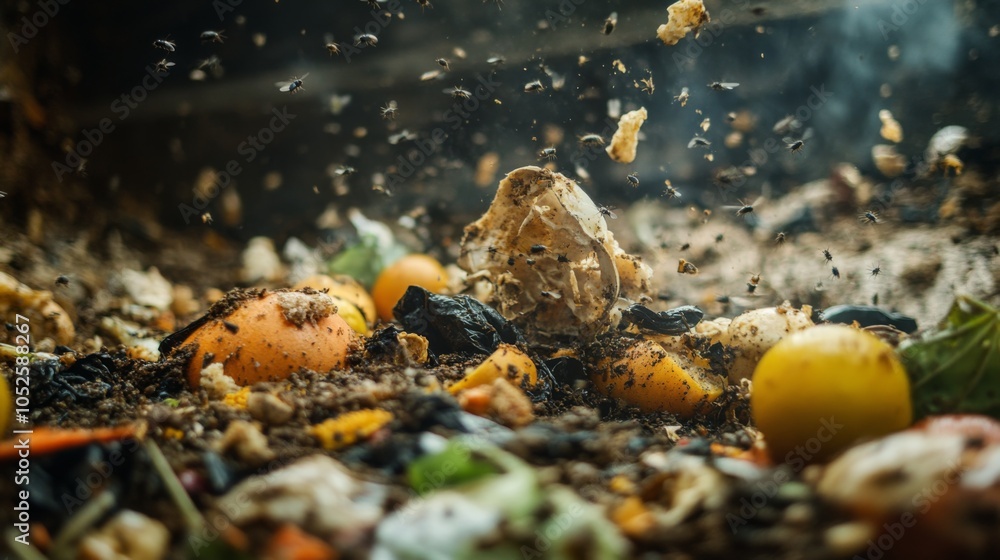 Fototapeta premium Flies Gathering Around Decomposing Organic Waste in a Compost Bin