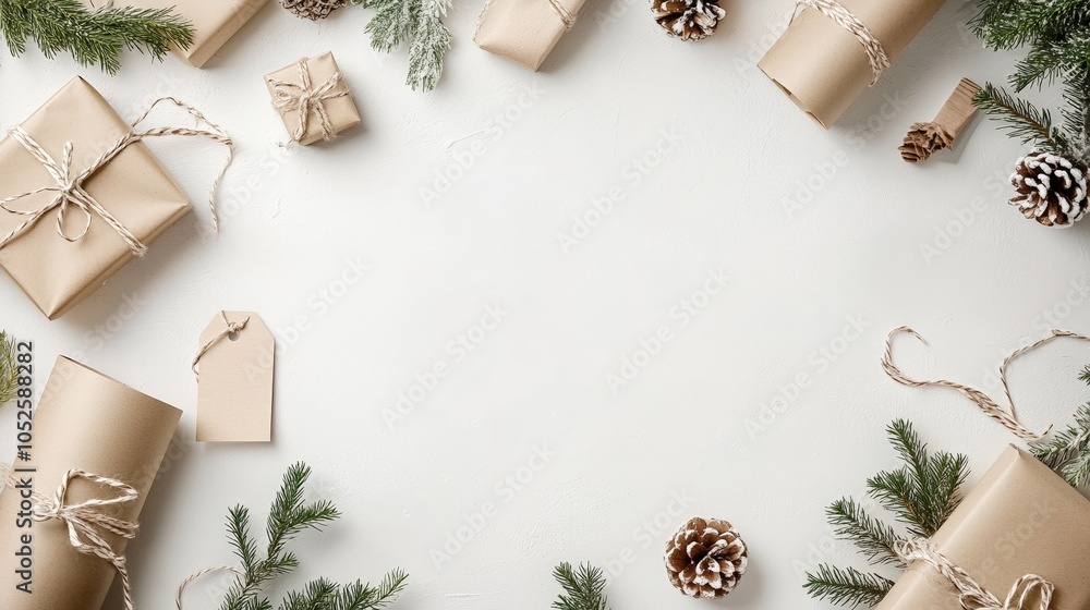 Gift boxes wrapped in brown paper with twine and pine branches on light background, Christmas presents Gift boxes wrapped in brown paper with twine and pine branches on light background, Christmas presents
