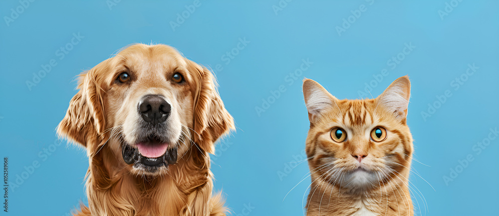 banner with a cat and a dog looking up on a blue background banner with a cat and a dog looking up on a blue background