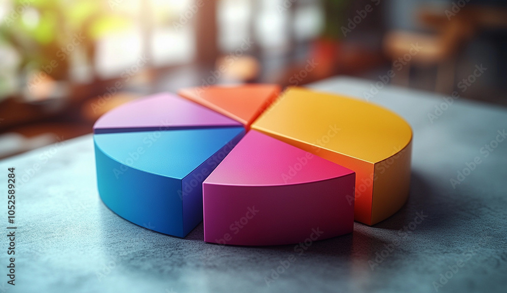 Fototapeta premium Colorful 3D pie chart on a sleek white background, showcasing vibrant segments in an engaging design perfect for data visualization concepts