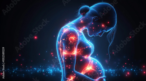 Digital representation of woman experiencing pain inflammation hormonal changes in spine belly area