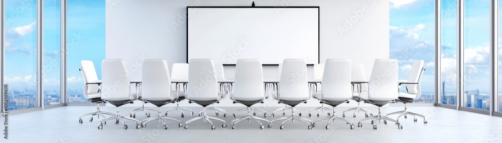 Modern Meeting Room with White Chairs and Bright Windows Modern Meeting Room with White Chairs and Bright Windows