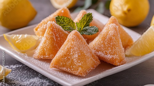 Crispy Faworki sprinkled with sugar dust, isolated on a white ceramic dish, with decorative mint leaves and lemon wedges for garnish