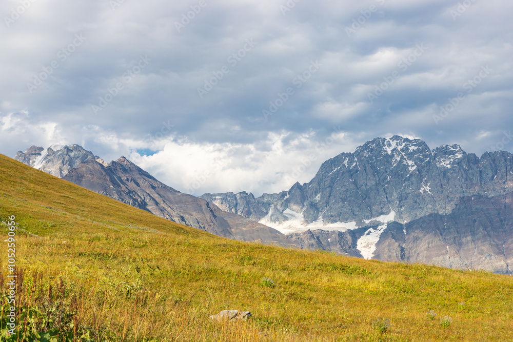Scenic summer view of Zagar Pass, a high mountain pass at an elevation of 2.620m, from Ushguli in Upper Svaneti To Sasashi village in Lower Svaneti, Racha-Lechkhumi and Kvemo Svaneti region of Georgia