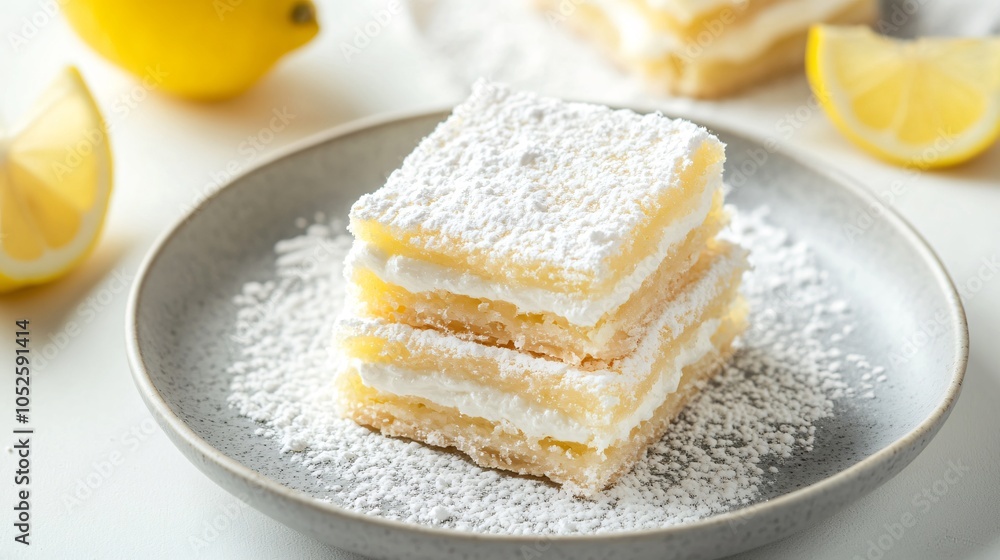 Faworki arranged in layers on a gray ceramic dish, with decorative lemon wedges and sugar clouds, on a soft white background Faworki arranged in layers on a gray ceramic dish, with decorative lemon wedges and sugar clouds, on a soft white background