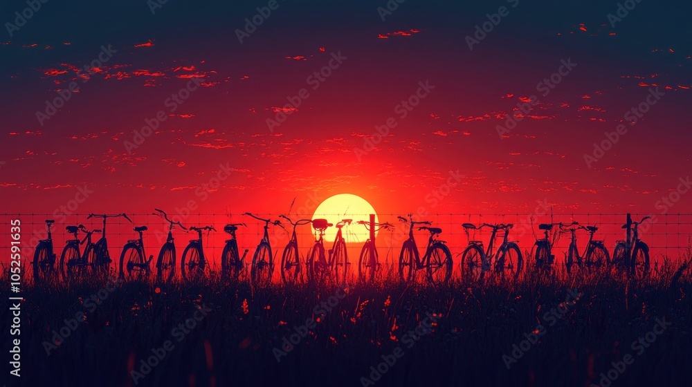 Naklejka premium A row of bicycles silhouetted against a fiery sunset.
