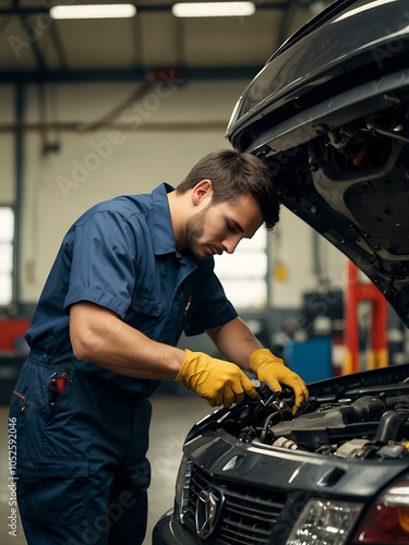 Mechanic repairing a car in an automotive service center.