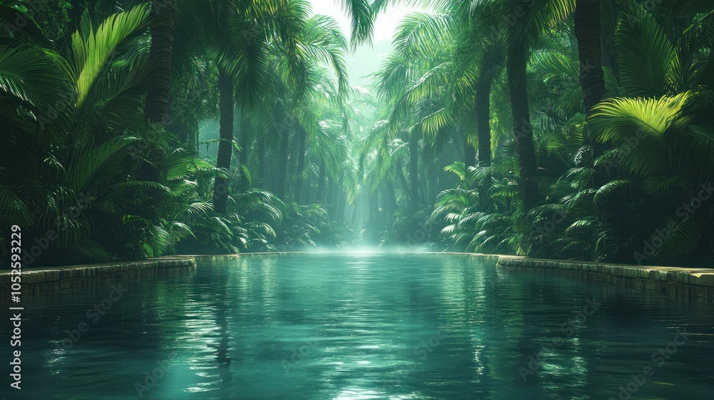 A serene, jungle pool with lush palm trees framing the path ahead. A serene, jungle pool with lush palm trees framing the path ahead.