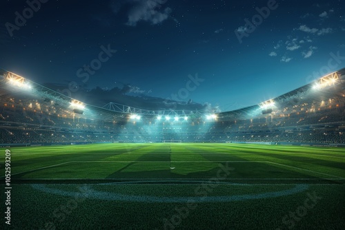 A futuristic football stadium with bright lights, captured in a 3D render at night, showing detailed architecture