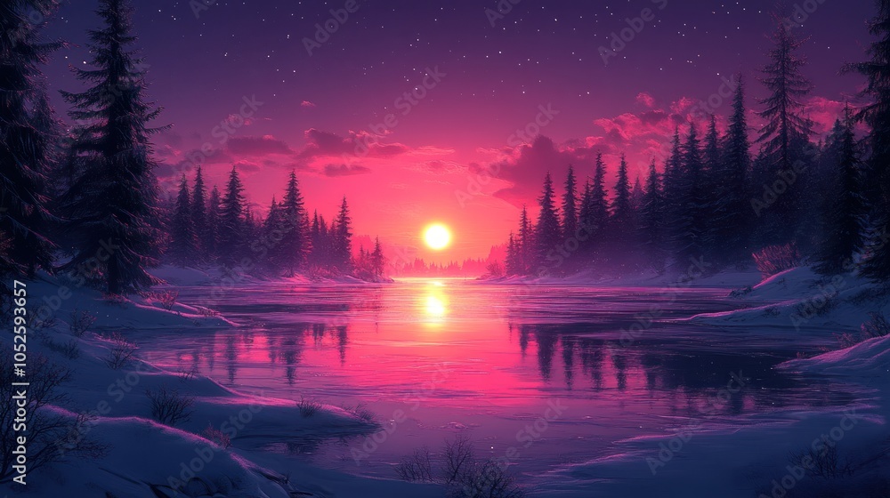 Pink Sunset Over a Frozen Lake and Silhouetted Pine Trees Pink Sunset Over a Frozen Lake and Silhouetted Pine Trees