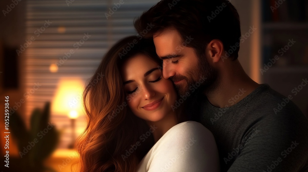 A loving couple embraces in a warm and intimate setting. A loving couple embraces in a warm and intimate setting.
