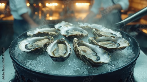 Steaming fresh oysters on ice in a pan with a chef in the background. photo