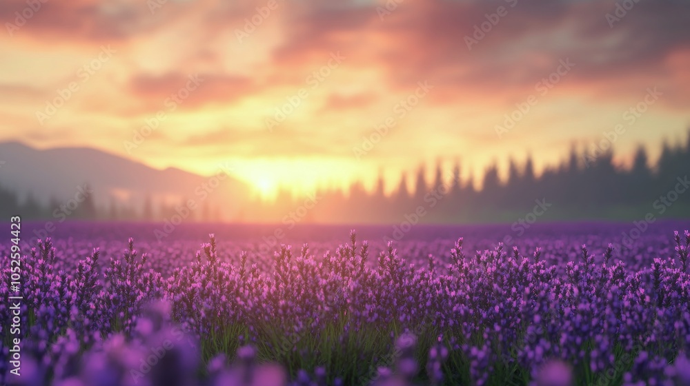 Lavender fields bloom under a colorful sky at sunset in a tranquil mountainous landscape Lavender fields bloom under a colorful sky at sunset in a tranquil mountainous landscape