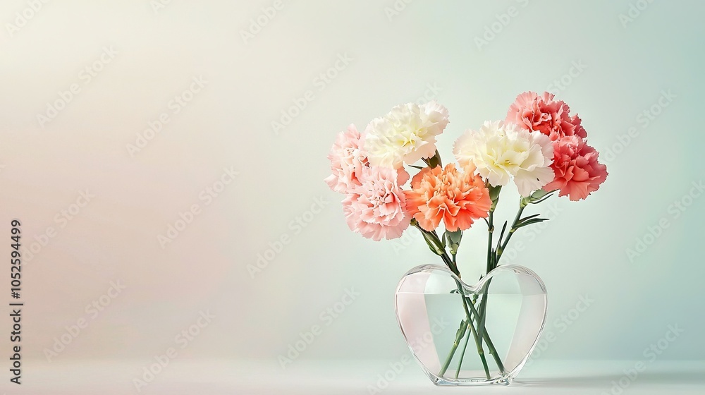 A vase brimming with pink and white carnations resting on a table against a pristine white wall A vase brimming with pink and white carnations resting on a table against a pristine white wall