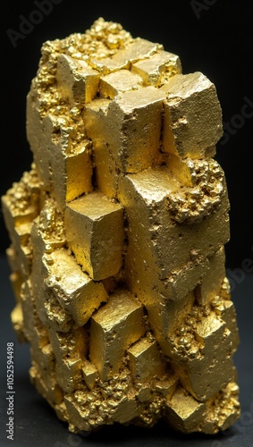 Golden pyrite mineral with cubic crystals and metallic luster glittering in the light photo