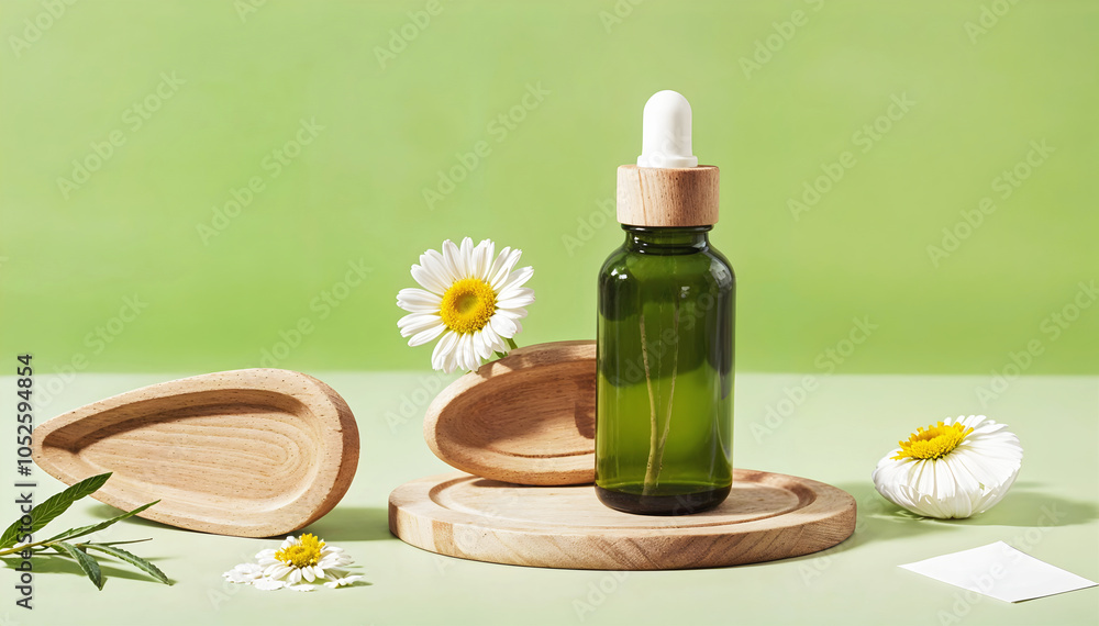 Blank bottle with chamomile flowers on wooden plates isolated on green background, organic product mock up, self care cosmetics, copy space area