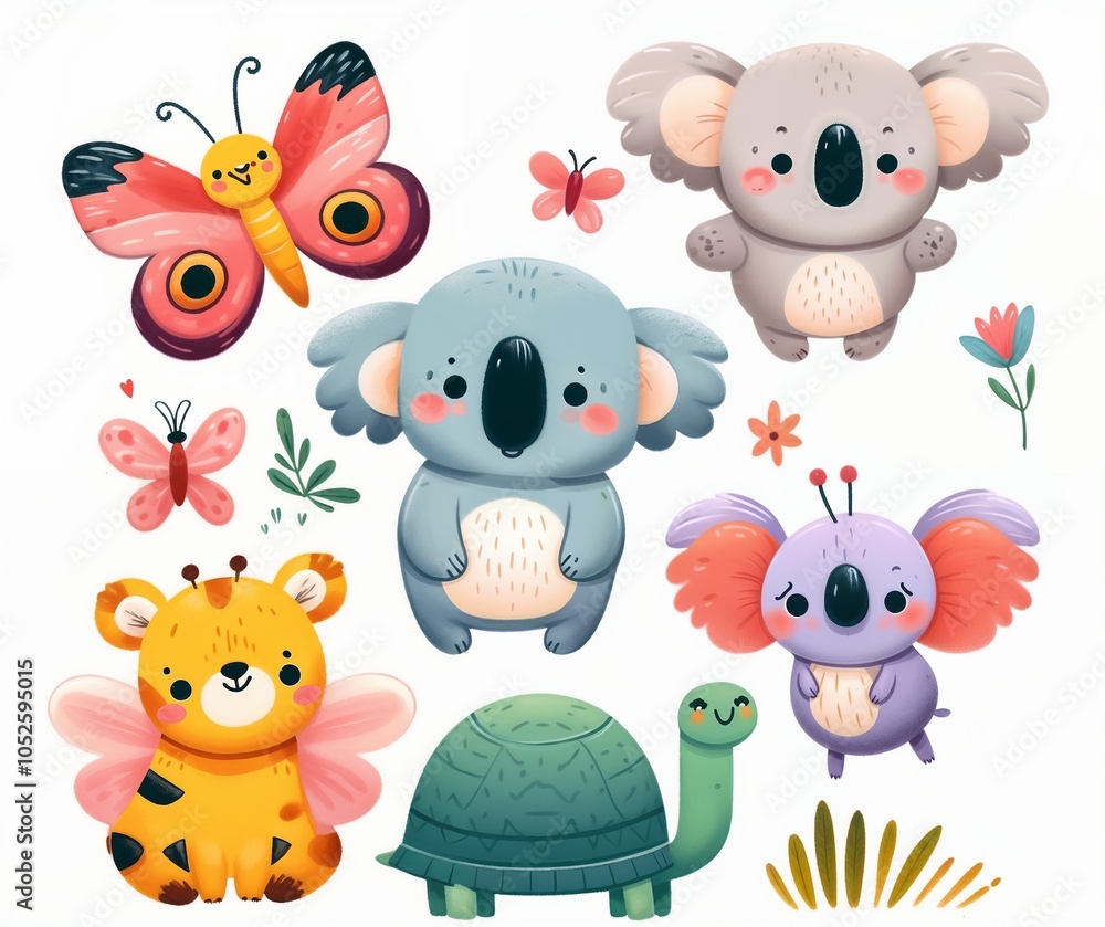 Fototapeta premium A charming set of illustrated cute animals, perfect for children’s products or educational materials. The image features a variety of colorful cartoon animals, including a lizard, tiger, kitten, dog,