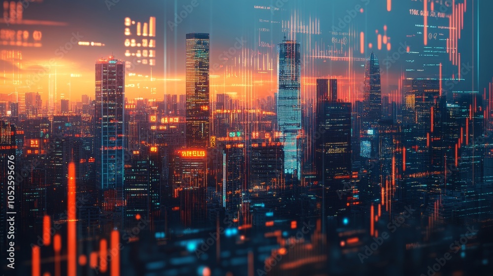 A city skyline with digital graphs overlaying, representing the interconnectedness of global finance A city skyline with digital graphs overlaying, representing the interconnectedness of global finance