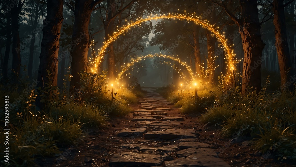 Naklejka premium Mystical pathway with golden sparks.