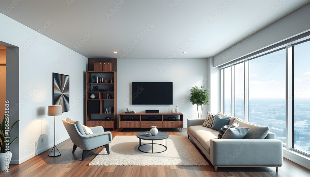 Fototapeta premium Modern home living room interior with sofa, armchair and tv, panoramic window isolated with white highlights, png