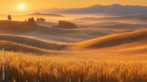 Rolling Golden Hills in Morning Mist