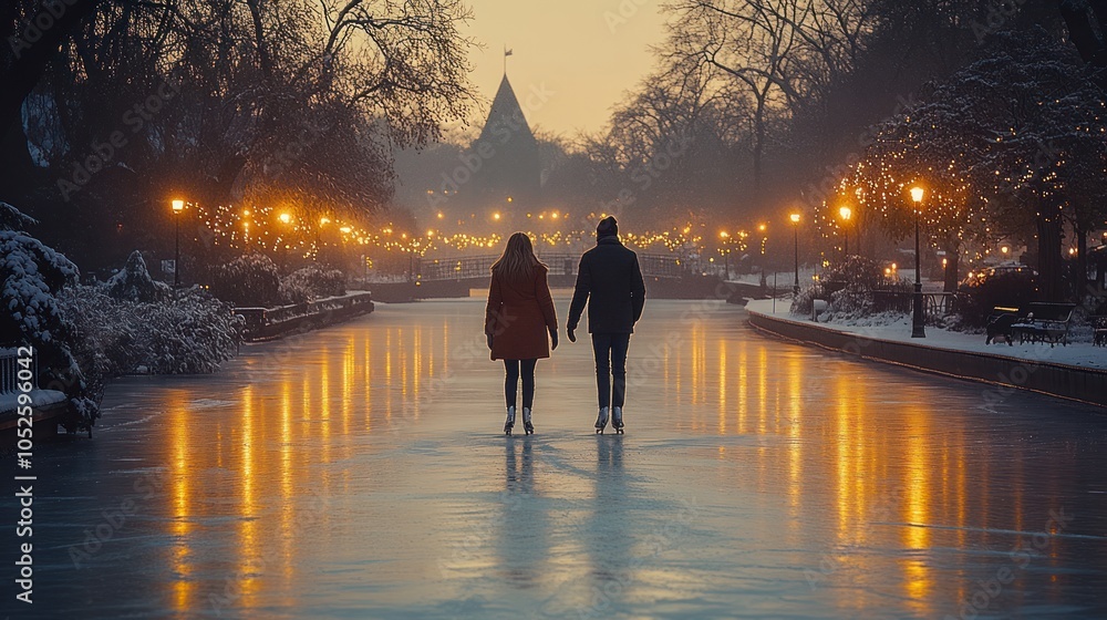 Fototapeta premium Couple Ice Skating on a Frozen Canal at Dusk