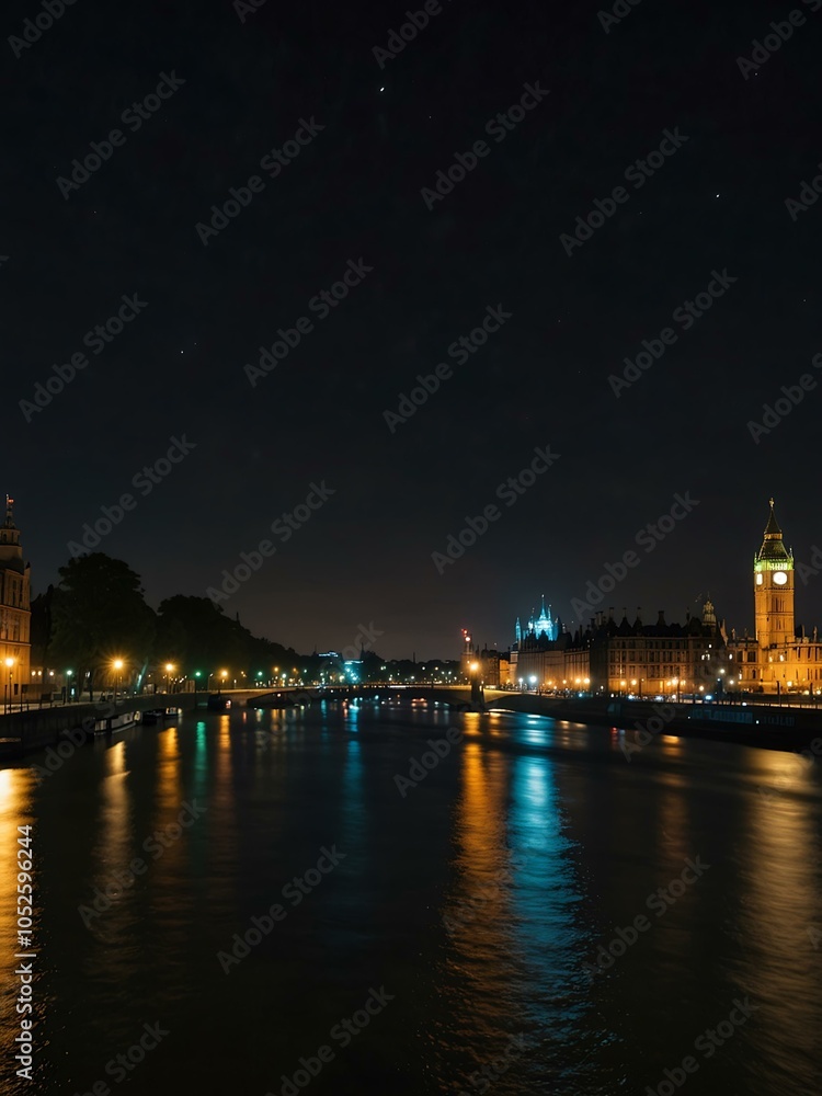 Obraz premium Night view of the Thames River in London.