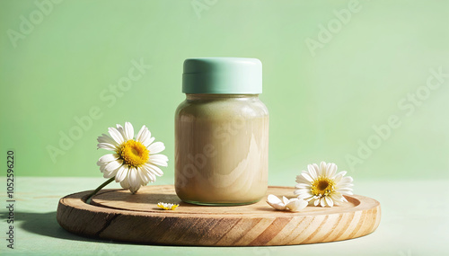 Obraz na płótnie Blank bottle with chamomile flowers on wooden plates isolated on green background, organic product mock up, self care cosmetics, copy space area w salonie