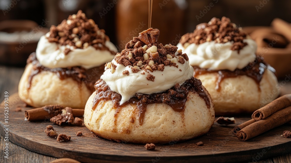 Three cinnamon rolls with cream cheese frosting, chocolate chips, and a caramel drizzle. Three cinnamon rolls with cream cheese frosting, chocolate chips, and a caramel drizzle.