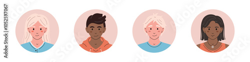 Vector black and white people avatars in circles. Teenager characters head portraits. Round icons with different students in flat design. Cute smiling girls and boys with dark and light skin.