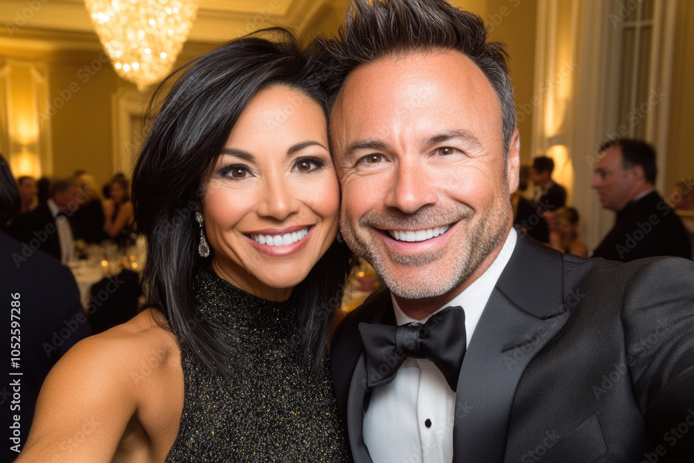 Elegant couple smiling at gala event with luxurious chandelier in background Elegant couple smiling at gala event with luxurious chandelier in background