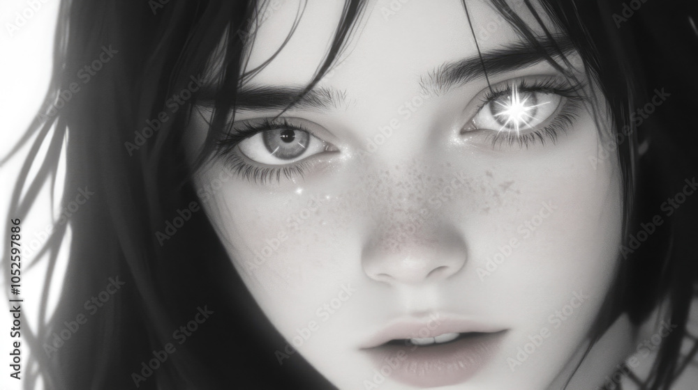 Fototapeta premium Enchanting portrait of a girl with sparkling eye and freckles