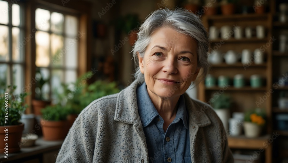 Obraz premium Older woman with gray hair in her garden shop, exuding warmth.