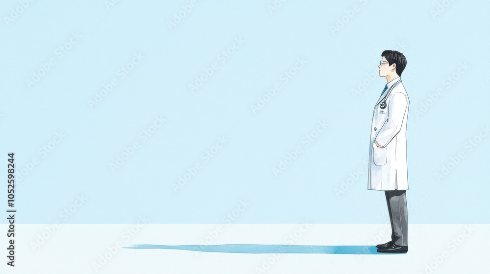 A doctor stands confidently in a lab coat against a light blue background, symbolizing health and professionalism. A doctor stands confidently in a lab coat against a light blue background, symbolizing health and professionalism.