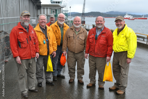 Group of smiling dockworkers in colorful jackets by the sea photo