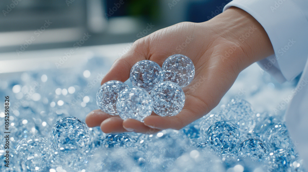 Crystal clear gel beads in hand amongst a sea of blue spheres Crystal clear gel beads in hand amongst a sea of blue spheres