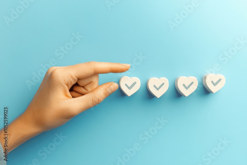 Hand placing wooden heart with check mark on blue background
