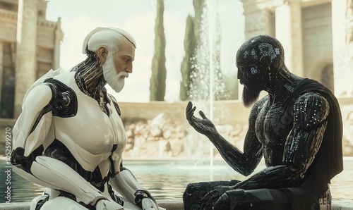 Two androids converse near a fountain.