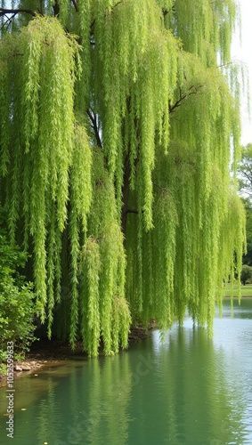 Tranquil weeping willow tree by pond delicate branches kissing water light green leaves swaying photo