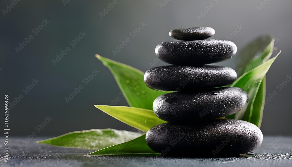 Serene spa setting with zen stones. A tranquil arrangement of wet black stones stacked on each other, surrounded by fresh green leaves, symbolizing relaxation and balance Serene spa setting with zen stones. A tranquil arrangement of wet black stones stacked on each other, surrounded by fresh green leaves, symbolizing relaxation and balance