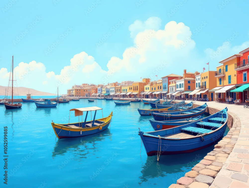 Fototapeta premium Serene Greek Harbor Landscape: Colorful Ships with Blue Hulls Under a Bright Sky